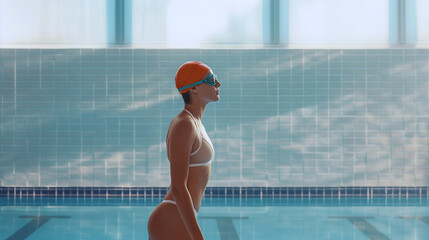 Aquatic Adventures Await: Woman in Swimming Gear Ventures into Water Sports Paradise. Banner with copy space. motivation, discipline and swimming pool concept