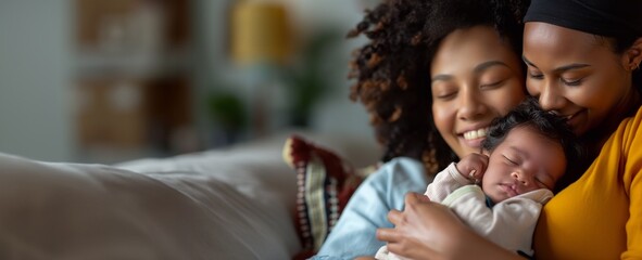 Portrait of happy female Gay couple with a little baby at home. Concept of lgbt people, lesbian marriage and adoption, homosexual family. Two black weman with a child, banner with copy space