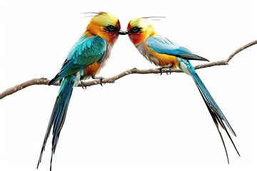 Obraz premium beautiful two long tailed full color bird standing face to face in branch of tree isolated on white background