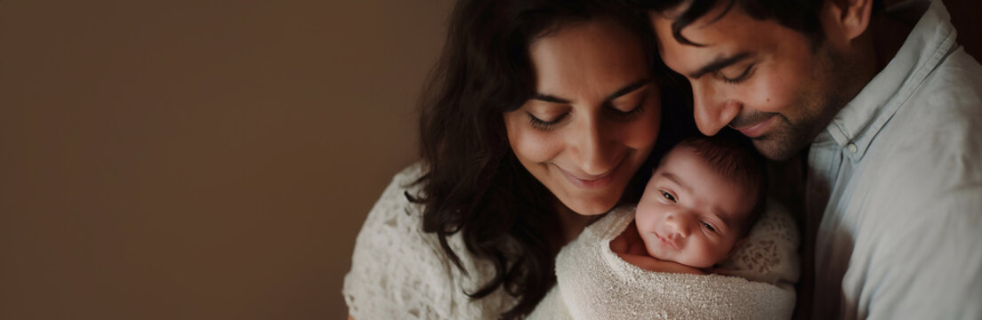 A banner with copy space, a happy black couple hugs their newborn little baby at home, the woman and man became parents, Boundless Happiness, A family with Their child, Overflowing with Love