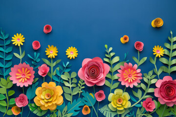 Handcrafted paper flowers in vibrant colors with decorative green leaves against a blue backdrop for creative design use