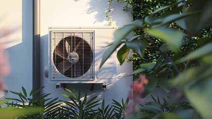 An outdoor air conditioner unit in the backyard, with a focus on its sleek design and energy saving features. The background is a modern home garden