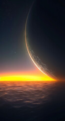 Obraz premium A planet rising above the ocean at night.