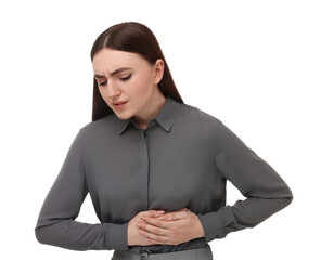 Woman suffering from stomach pain on white background