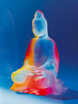A colorful buddha statue is shown in front of a blue background.