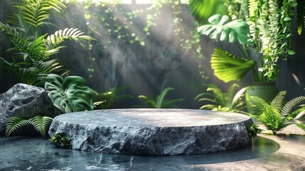 This is a mock-up of the pedestal for the wooden pedestal in natural stone and concrete, with a natural green background for the packaging product presentation. There are green leaves making up the