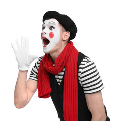 Mime artist in beret screaming on white background