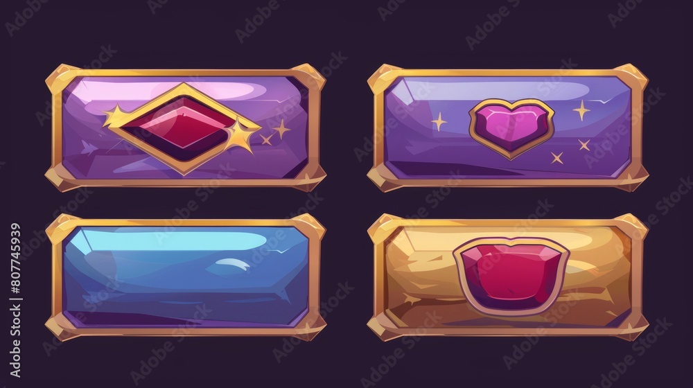 Poster game buttons with gold and color frames. modern cartoon set of web or mobile application interface e
