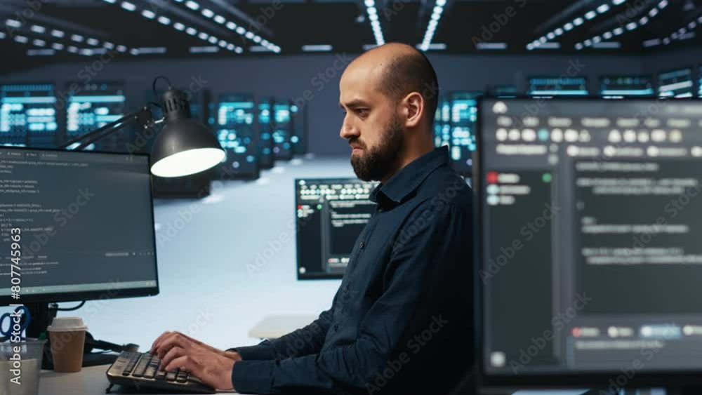 Poster software developer programming in high tech facility with server rows providing computing resources 