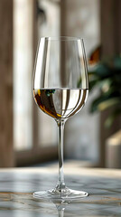 A wine glass sitting on a marble table.