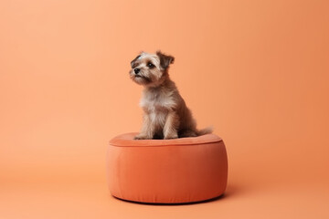 A small dog calmly sits atop an orange pot in this scene