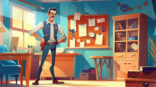 The inspector investigates crime in the police department cabinet. Modern illustration of a detective agency office depicting a man with a gun, evidences on a corkboard, a bookcase, an office table