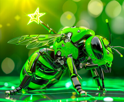 A green bee with a star on its back.
