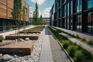 A contemporary building with numerous windows lining a walkway, showcasing architectural design and urban living
