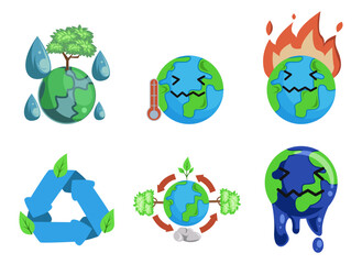 earth with climate change, cartoon illustration set