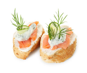 Tasty canapes with salmon, cucumber, cream cheese and dill isolated on white
