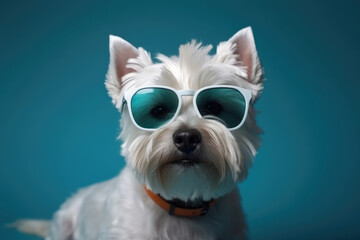 A small white dog sporting sunglasses, standing on a blue background