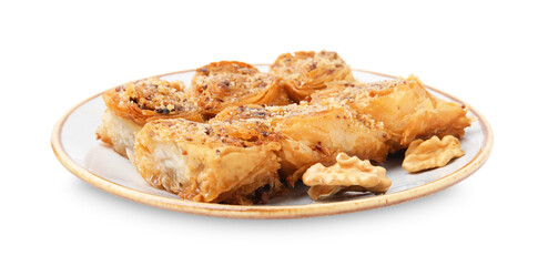 Eastern sweets. Pieces of tasty baklava isolated on white