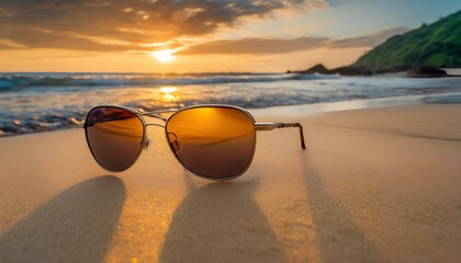 Fototapeta na wymiar A pair of sunglasses is sitting on the sand at the beach