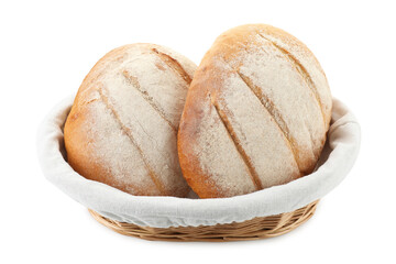 Wicker basket with fresh bread isolated on white