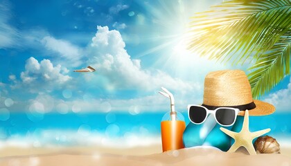 A beach scene with a hat, sunglasses, and a drink