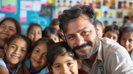 Obraz premium Smiling cheerful caucasian male teacher in a classroom with Indian kids at teacher's day