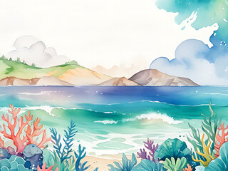 Fototapeta na wymiar Watercolor painting of a shallow coral reef teeming with life. Colorful corals in shades of pink, orange and blue spread across the sand.