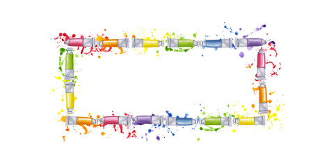Obraz premium Paint tube banner frame watercolor gouache with expressive colorful splashes and drops. Colors of rainbow. Creative supplies for drawing. Hand drawn illustration isolated background. Clip art for book