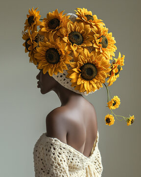 Fotograf&iacute;a editorial de mujer afro, con una corona enorme de girasoles en la cabeza. 