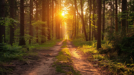 A dirt road surrounded by tall trees in a dense forest - Powered by Adobe