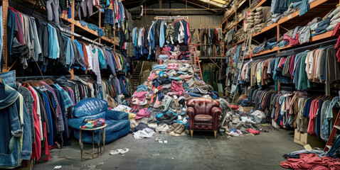Obraz premium A cluttered room packed with various garments and accessories, with a lone chair standing in the midst of the chaos