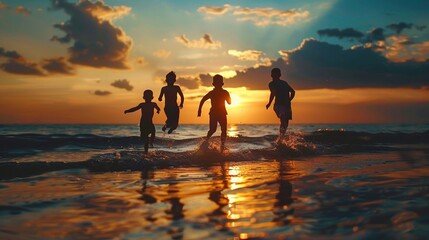 a group of four children running happily along the sea at sunset. happy children's holidays at sea