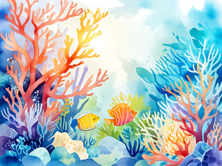 Watercolor painting of a coral reef teeming with life. Corals come in many shapes, sizes, and colors, from pink and orange to staghorn coral. Schools of colorful fish swim among the coral. 