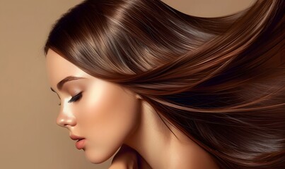 Fototapeta premium girl with shiny brown smooth healthy hair with long straight and glowing, Generative AI