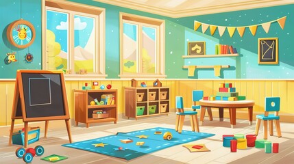 Playroom for Montessori kindergarten with table, chairs, blackboard, toys, modern illustration of a nursery room in a daycare center with wooden furniture and toys.
