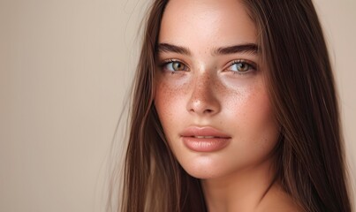 Fototapeta premium girl with shiny brown smooth healthy hair with long straight and glowing, Generative AI