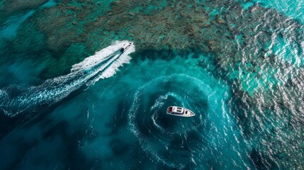 Mesmerizing Aerial Shot of Boat Making Delicate Circles in Crystal Clear Blue Waters