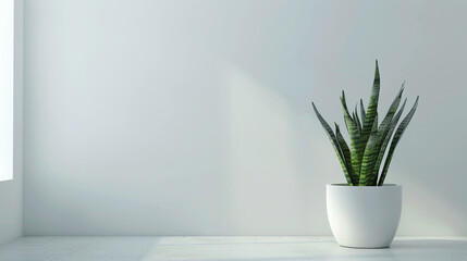 A snake plant in a minimalist interior setting, with its slender leaves contrasting against a clean white backdrop, creating a sense of serenity and balance in modern living spaces.