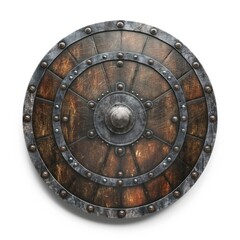 Round Aged Knight Shield Made of Wood And Metal, Isolated on White Background