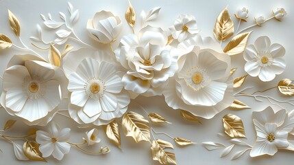 White and gold floral design, white background, white flowers, golden leaves, delicate details, exquisite workmanship, cut paper art