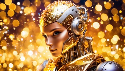 Futuristic golden robot with human-like features, set against a backdrop of golden shimmering lights."