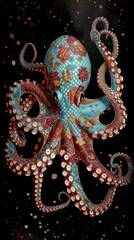 A colorful octopus with a blue and red pattern on its head