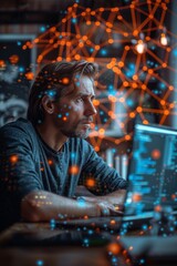 Fototapeta premium Male hacker sitting at work on a laptop writing code, programmer, cyber network, working with AI content