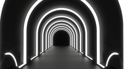 Detailed modern illustration of dark corridor or stage perspective decorated with led line illumination for concert or fashion show. Space gate in the future.