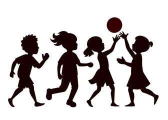 Children silhouette. Four children playing with ball black silhouettes. vector illustration. Isolated on white background.