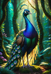 Peacock in forest background