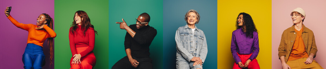 Group of people posing and smiling playfully against colorful backgrounds while taking selfies