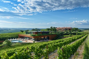 A beautiful vineyard with a house and a pool
