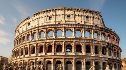 Majestic facade of the Roman coliseum adorned with statues and reliefs