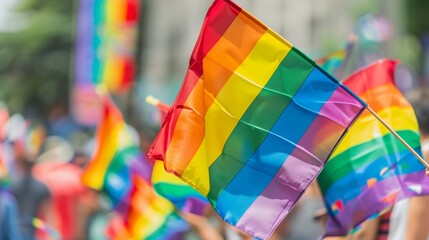 Vibrant Pride: Close-Up of Rainbow Flags Waving Amidst Parade